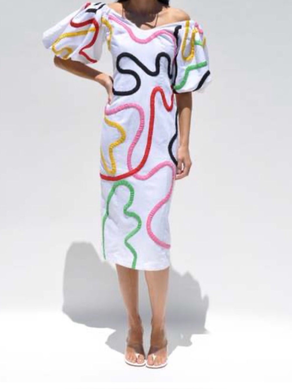 Mara Hoffman Namari White Puff-Sleeve Midi Dress with MulticolorCadiz Embroidery